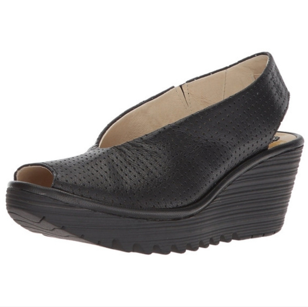 Fly London Black Perforated Peep-Toe Wedge Sandals